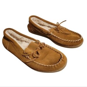 My Slippers Leather Mocassin in Chestnut Brown Faux Fur Lined Women's Size 9